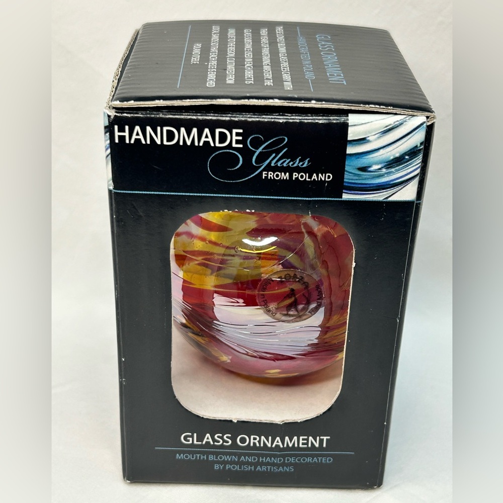 Poland Handmade Art Glass Ball Ornament Boxed Mouthblown Multicolor Zorza